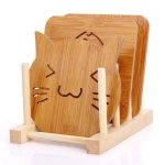 Wooden Cartoon Cat Coaster Holder Set